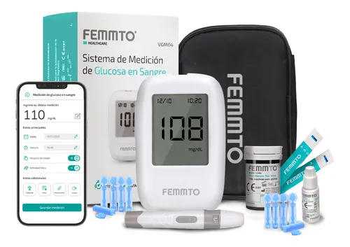 Kit Medidor de glucosa Aparato medir Glucometro Digital Diabetes 50 Tiras reactivas Punzador Estuche Femmto VGM-04