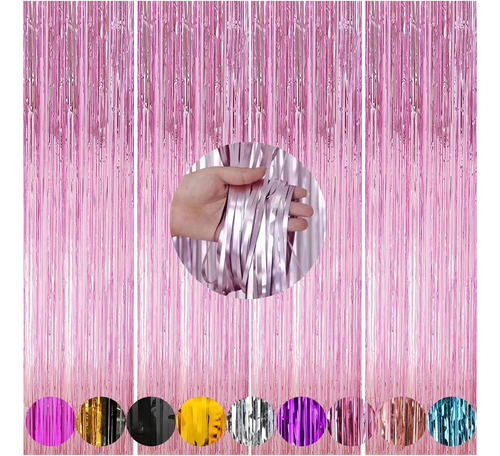 4 Pack Pink Foil Fringe Backdrop Curtains,3.3 X 9.9 Ft Door 