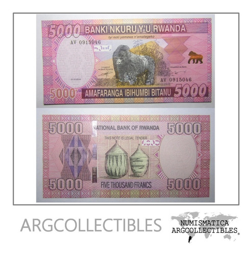 Rwanda Billete 5000 Francos 2014 Pick 41 Gorila Unc