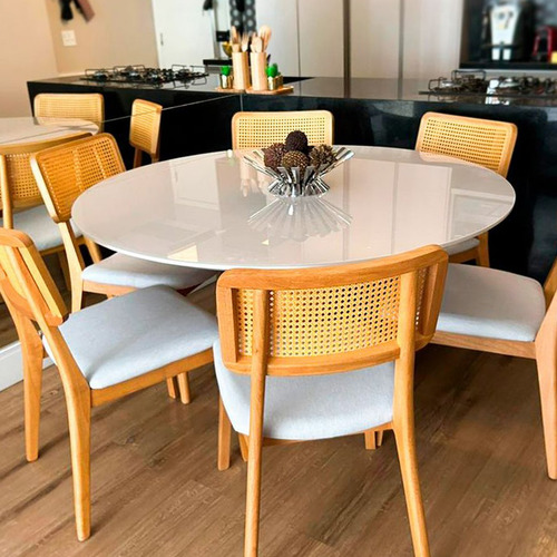 Mesa Jantar Cone Verniz Tampo Redondo Laca Com Vidro 135cm