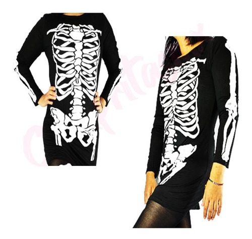 Vestido Esqueleto Hueso Catrina Halloween Sexy Recto Full