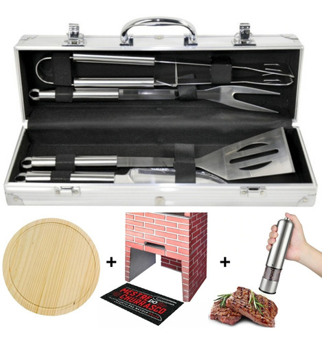 Kit Churrasco Premium Maleta Garfo Faca Tapete Moedor Tábua