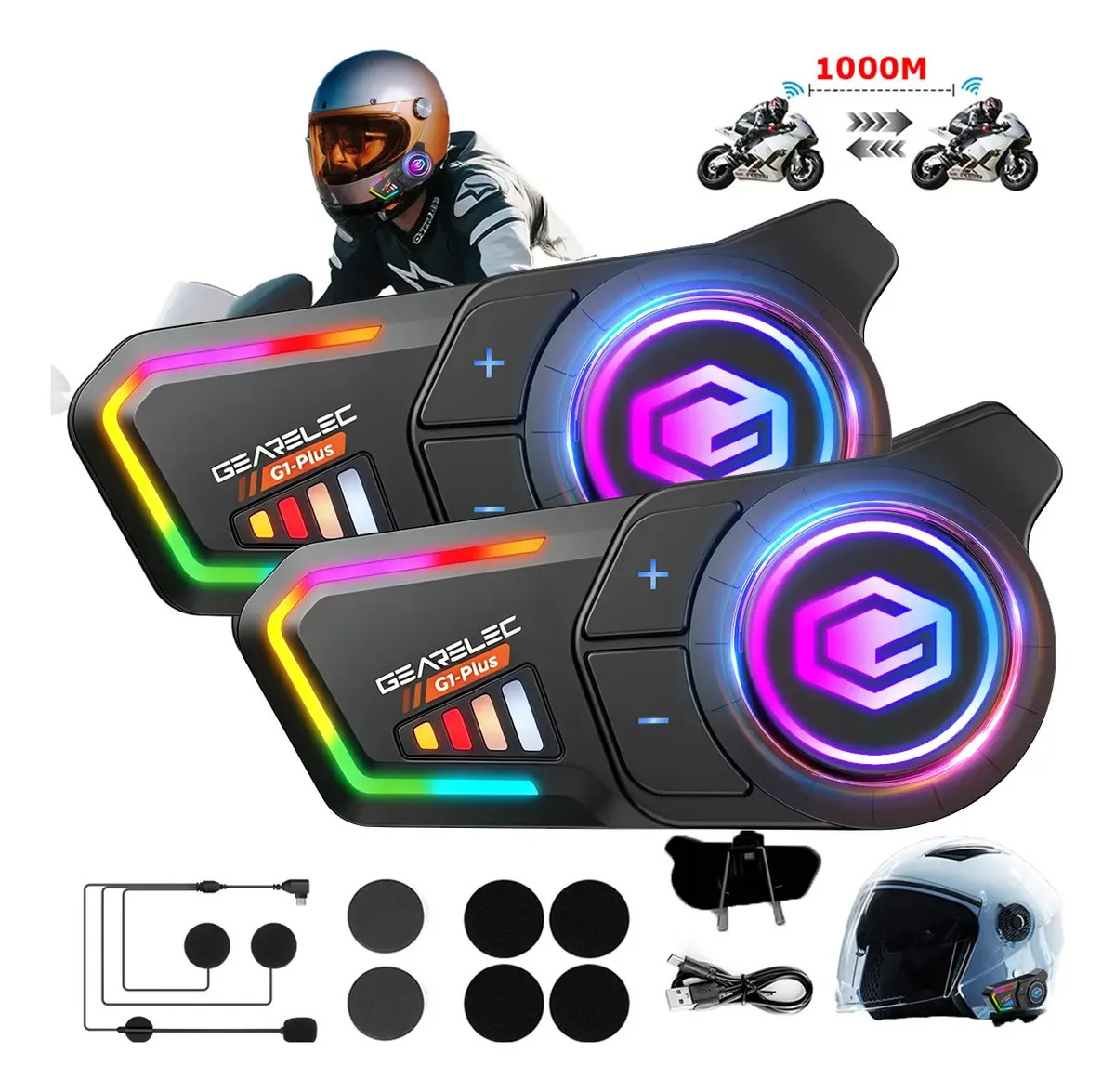 Intercomunicador Bluetooth Gearelec G1 Plus para Casco, Pack de 2,Compartir música,con Alcance de 1 km y Batería de 3200 mAh