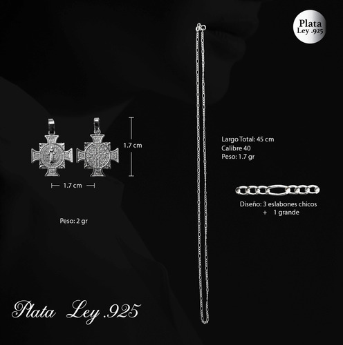 Dije De Plata Cruz San Benito Con Cadena De Plata Calibre 40 Y 45 Cm De Largo Ideal Para Regalar En Boda Bautizo Primera Comunión O 15 Años