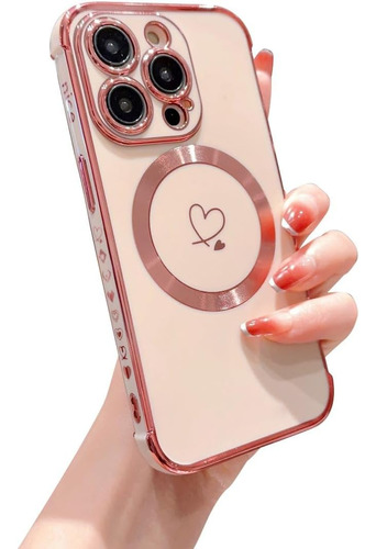 Funda De Lujo Rosa C/corazon Y Magsafe P/iPhone 15 Pro Max 