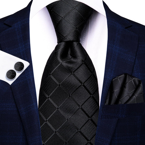 Set De Corbata , Panuelo Y Gemelos Hi-tie Seda Black Plaid
