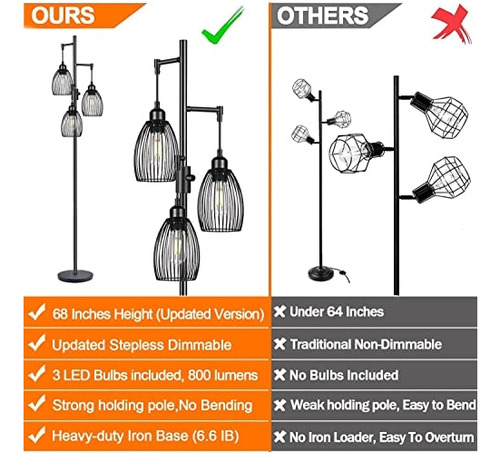Lámpara De Pie Regulable, 3 Bombillas Led Edison De 800 Lm I