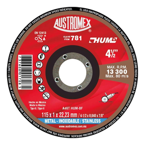 Disco Corte Metal 4-1/2 Aux781 Austromex Austromex Austrome