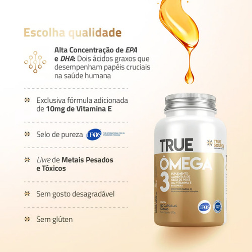 Ômega 3 Com Vitamina E Selo Ifos 180 Cápsulas True Source