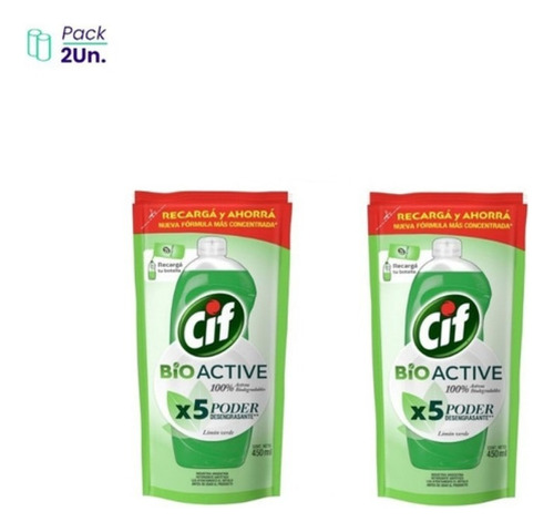 Detergente Bio Active Lima Doypack Cif 450ml Pack X2u