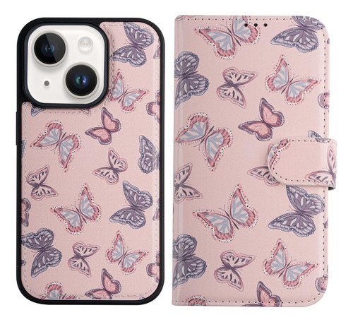 Funda Cartera Para iPhone 14 Cute Butterflies 6.1puLG Piel S