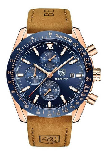 Relógio de pulso Benyar 5140 com corria de couro cor marrom - fondo azul