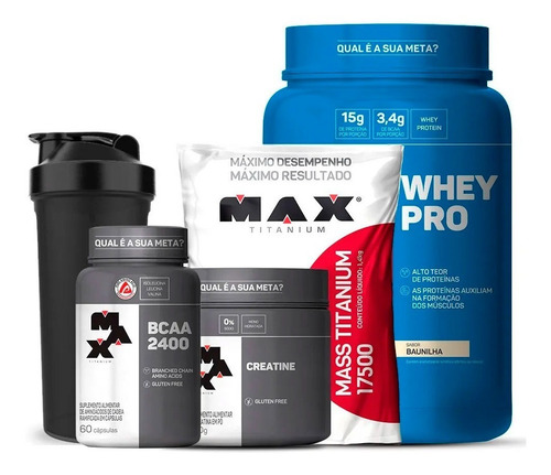 Kit Whey Pro + Bcaa + Creatina + Hipercalorico Max Titanium Sabor Chocolate
