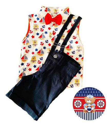 Conjunto Infantil Regata Suspensório Gravata Urso Marinheiro