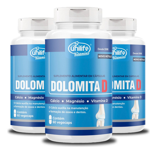 Kit 3 Dolomita Com Vitamina D Unilife 60 Cápsulas Sabor Sem Sabor