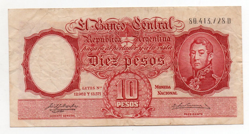 Billete Argentina 10 Pesos Moneda Nacional Bottero 1957 Mb