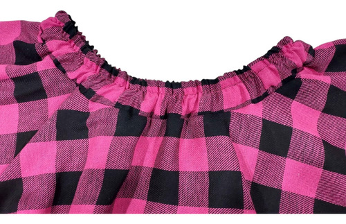 Fantasia Saia Junina Xadrez Godê - Renda-adulto + Gravata Xadrez Rosa E Preto Renda Preta Cintura 70cm Até 100cm