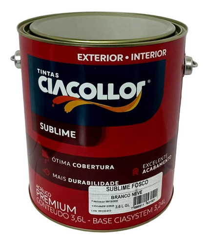 Tinta Acrilico Fosco Sublime Ciacollor Premium Branco 3,6 Lt