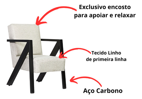 Poltrona Texas 1 Lugar Linho Bege Base De Aço Preto Fosco