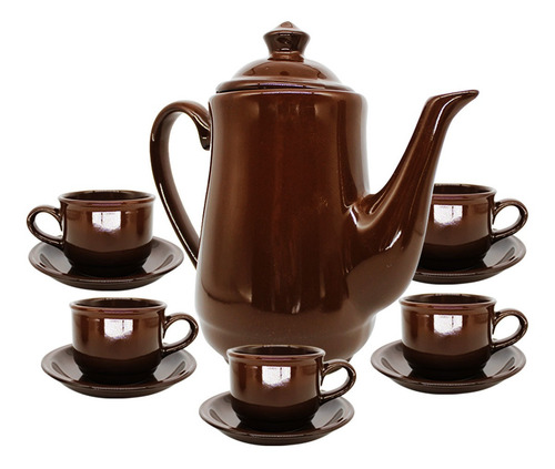 Imagem 5 de 7 de Jogo De Cha Em Ceramica Marrom Cafe 12pçs Com Bule Pires