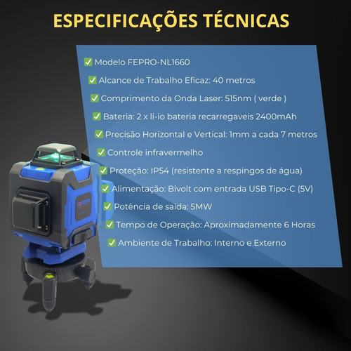 Nível A Laser 16 Linhas Verde Recarregável Autonivelante