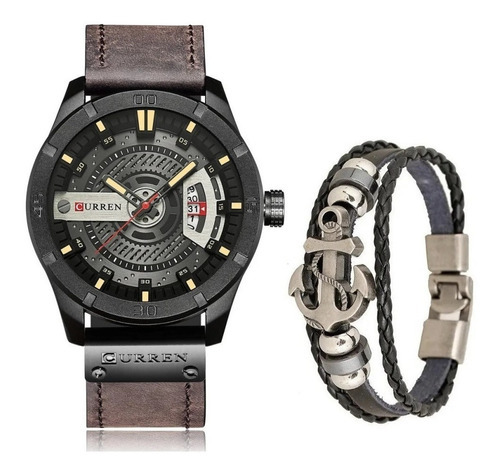 Relógio De Luxo Masculino Curren Esportivo + Bracelete Navy Cor da correia Marrom Cor do bisel Preto Cor do fundo Preto