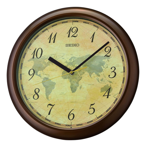 Reloj De Pared Seiko Con El Mapa Del Mundo, Color Marrón Met