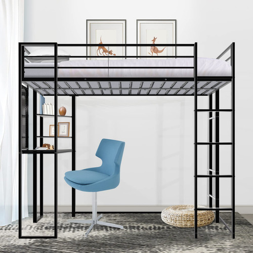 Cama elevada ADOVA Loft individual color negro con diseño de individual fabricada en metal