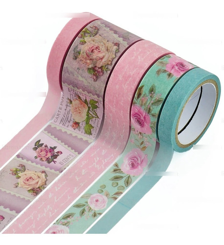 Cinta Adhesiva Decorativa Washi Tape Modelo Rosas 5 Rollos
