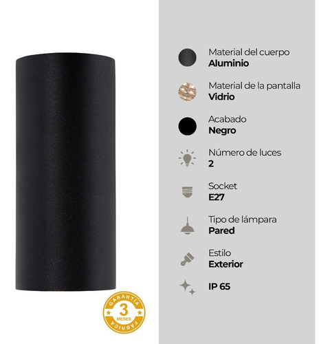 Aplique Pared Exteriores Cilíndrico Negro 3e Led Integrado 2