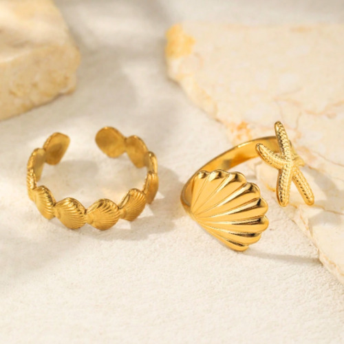 Set Anillos Playa Conchas Y Estrellas De Mar Ajustables Dorado 7