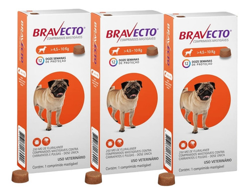 Kit 3 Antipulgas E Carrapatos Bravecto MSD Saúde De 4.5 A 10kg Cor Laranja