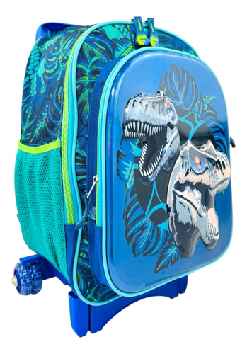 Mochila Rueditas Carrito Dinosaurios Jurassic T-rex Primaria Azul Dinosaurios