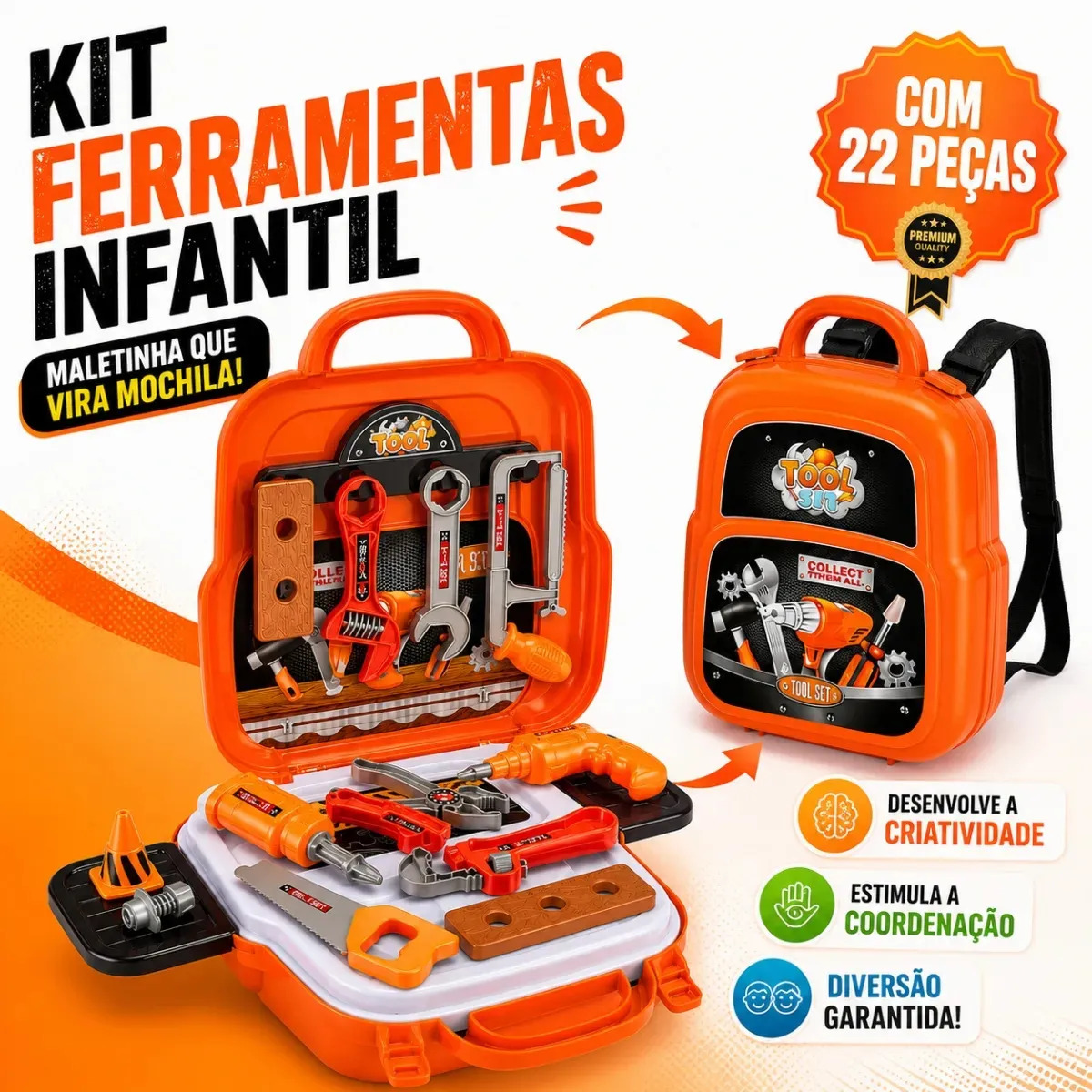 Kit Ferramentas Infantil 3 em 1 Pratitudo Toys com 22 Peças – Vira Mochila e Bancada