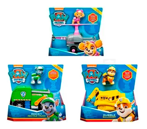 Kit 3 Vehiculos Paw Patrol Basico 16 Cm Skye Rocky Rubble