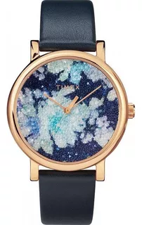 Reloj Mujer Timex Cristal Mineral 38 Mm 3 Atm Tw2r66400 Color Del Fondo Azul Color De La Correa Negro Color Del Bisel Rosa Dorado