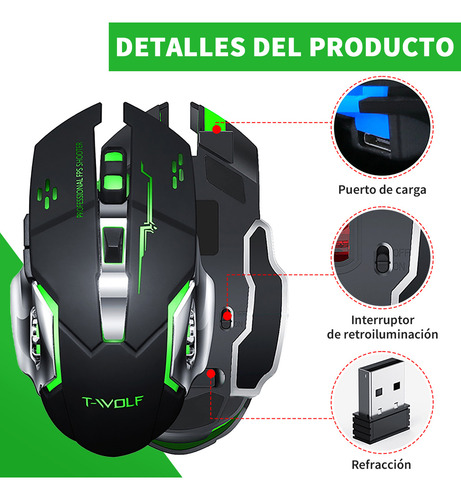 Mouse Inalámbrico Bluetooth Recargable Gamer Ergonomico 2.4g Color Negro