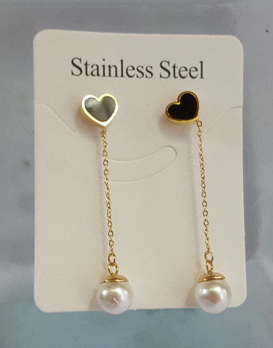 Aretes Largos De Acero Inoxidable Corazón Negro Perla Cadena (Usado)