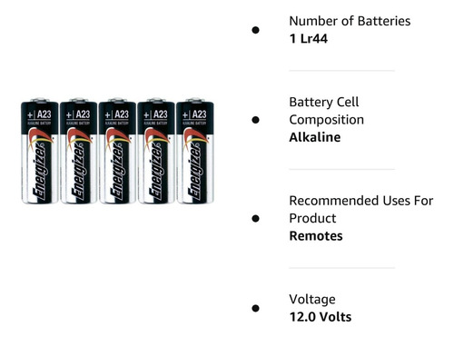 Pila Alcalina Energizer 12 Volts Tipo Cilindro A23, 5 Piezas