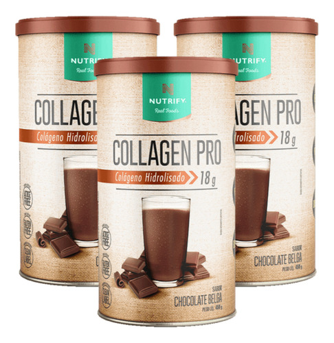 3x Collagen Pro Nutrify Proteína Isolada Body Balance 450g Sabor Chocolate Belga