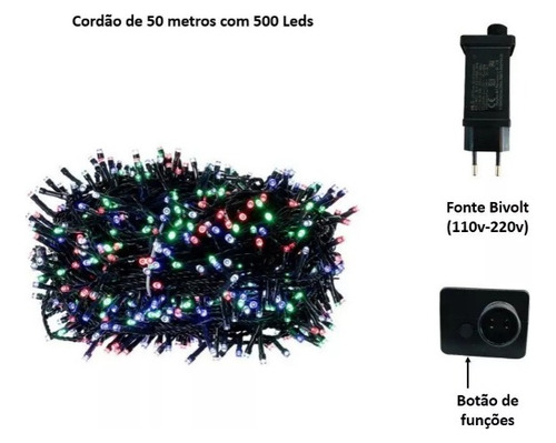 Corda Luminosa 500 Leds Pisca Pisca 50 Metros Bivolt Externo Cor das luzes Colorido 110V/220V