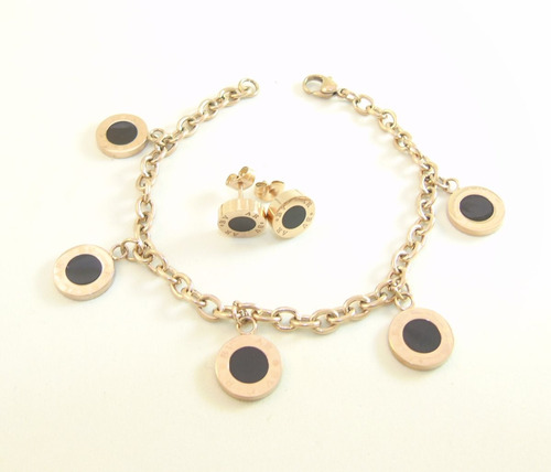 Conjunto Pulsera + Aros Acero Dorado O Rosé 19cm + Grabado