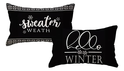 Hello Winter Throw Pillow Cover 12x20 Inches Black Swea...