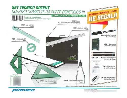 Kit Completo Tablero Dibujo Tecnico Dozent 40x50 Escuadras