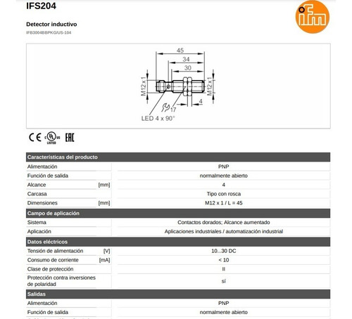 Ifs204 Sensor Inductivo Ifm Pnp Na Ifb3004bbpkg/us-104 M12