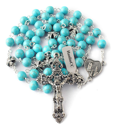 Collar De Rosario Católico Con Cuentas De Turquesa Hanlincc