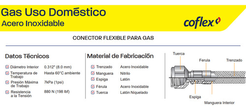 Manguera Para Gas De Acero 3/8x1.50mtr. Coflex