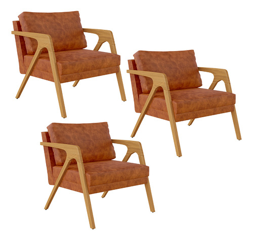 Kit 03 Poltronas Pietra Estrutura Madeira Couríssimo Camel Desenho Do Tecido Liso