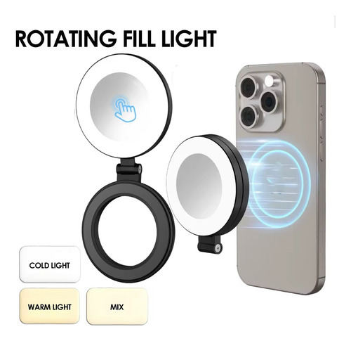 Aro De Luz Led Magnético Con Espejo Para Iphone O Android Negro