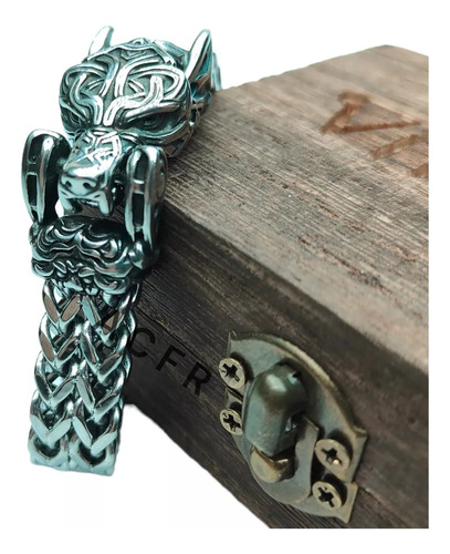 Pulsera De Lujo Lobo Con Caja Madera. Vikings Nórdico 